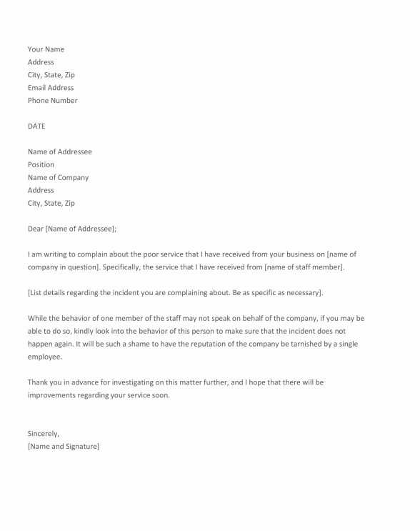 Complaint letter for poor service