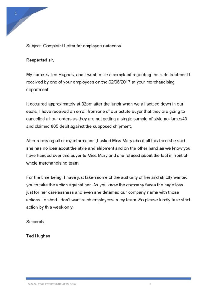 Complaint Letter about an Employee Rudeness, Sample Complaint Letter about an Employee Rudeness