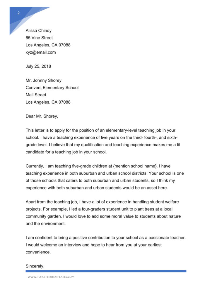 Sample Teacher Cover Letter With Experience