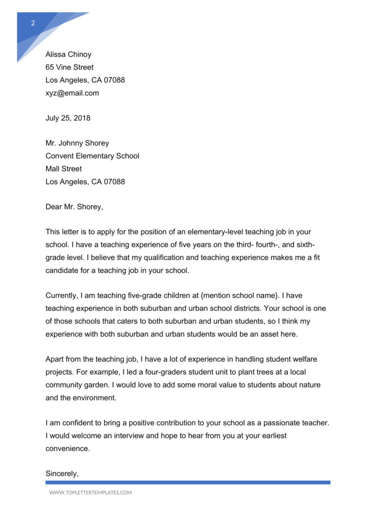 Sample Application Letter For Elementary Teacher Without Experience