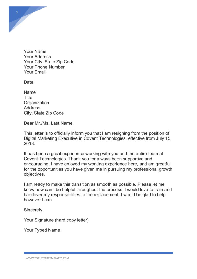 Formal Resignation Letter Template Sample Pdf Word 