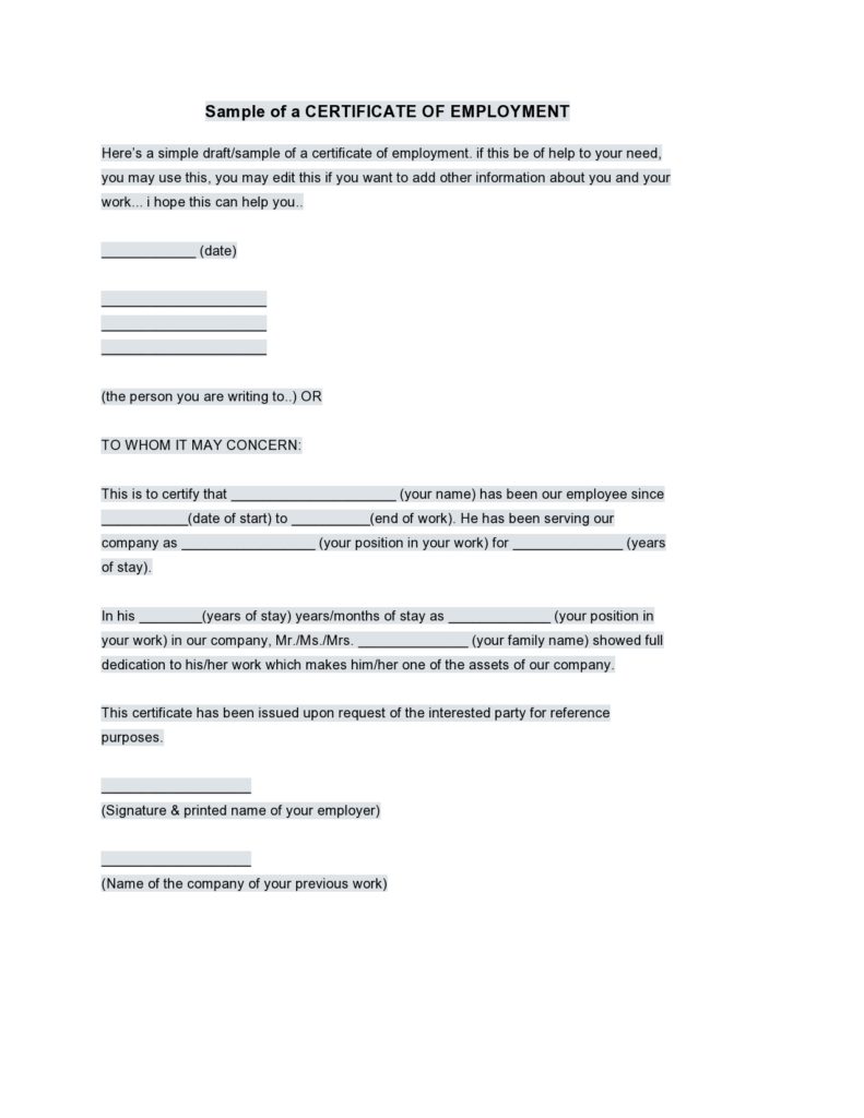 Certificate of Employment Templates, Employment Certificate Template, Free Certificate of Employment