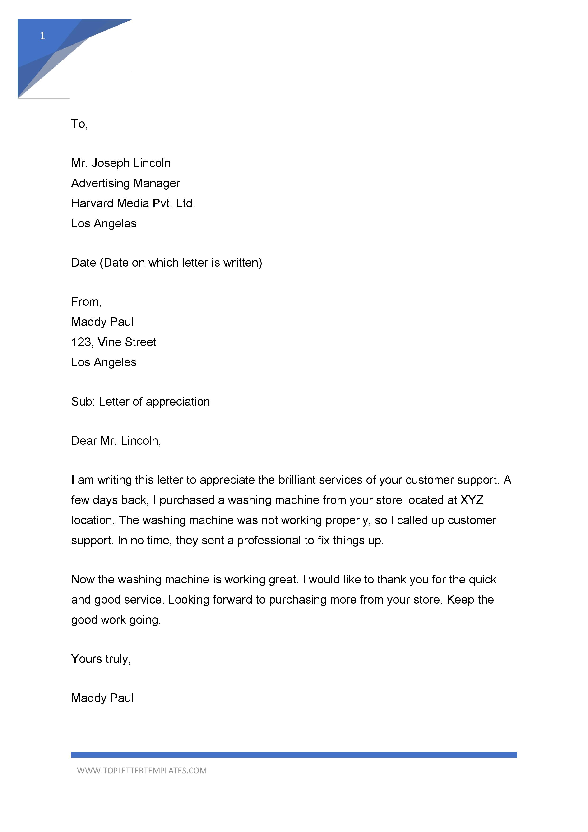 Sample Letter Of Appreciation For Support from toplettertemplates.com
