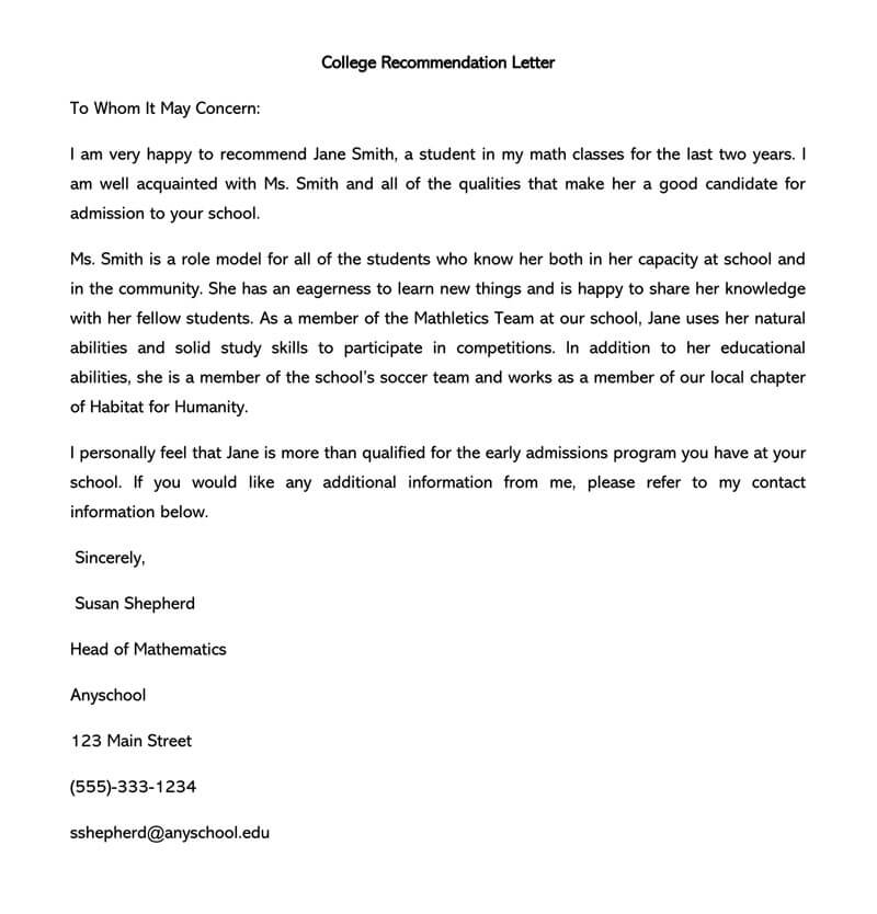 Letter Of Recommendation For Student Template