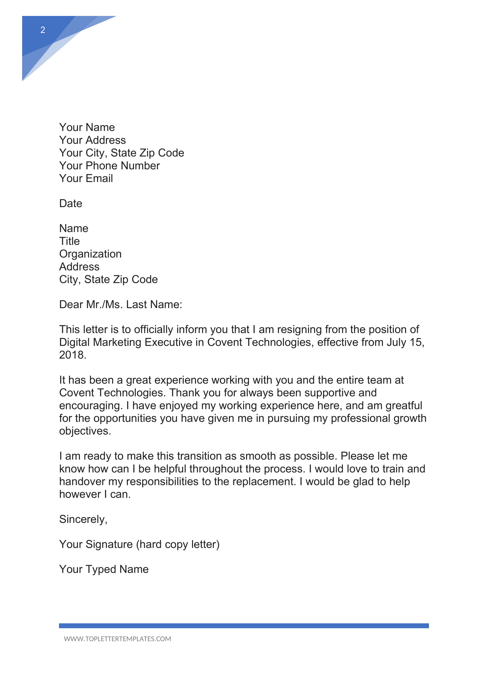 Formal Resign Letter For Work from toplettertemplates.com