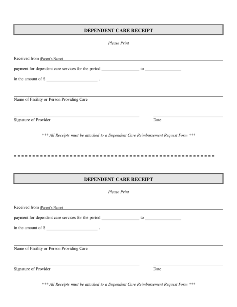 Daycare or Dependent Care Receipt Templates Word Excel
